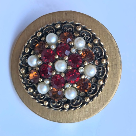 Vintage Rare Compact Pearls Red Rhinestones Jewels Lipstick Mirror one of a Kind - Picture 8 of 8